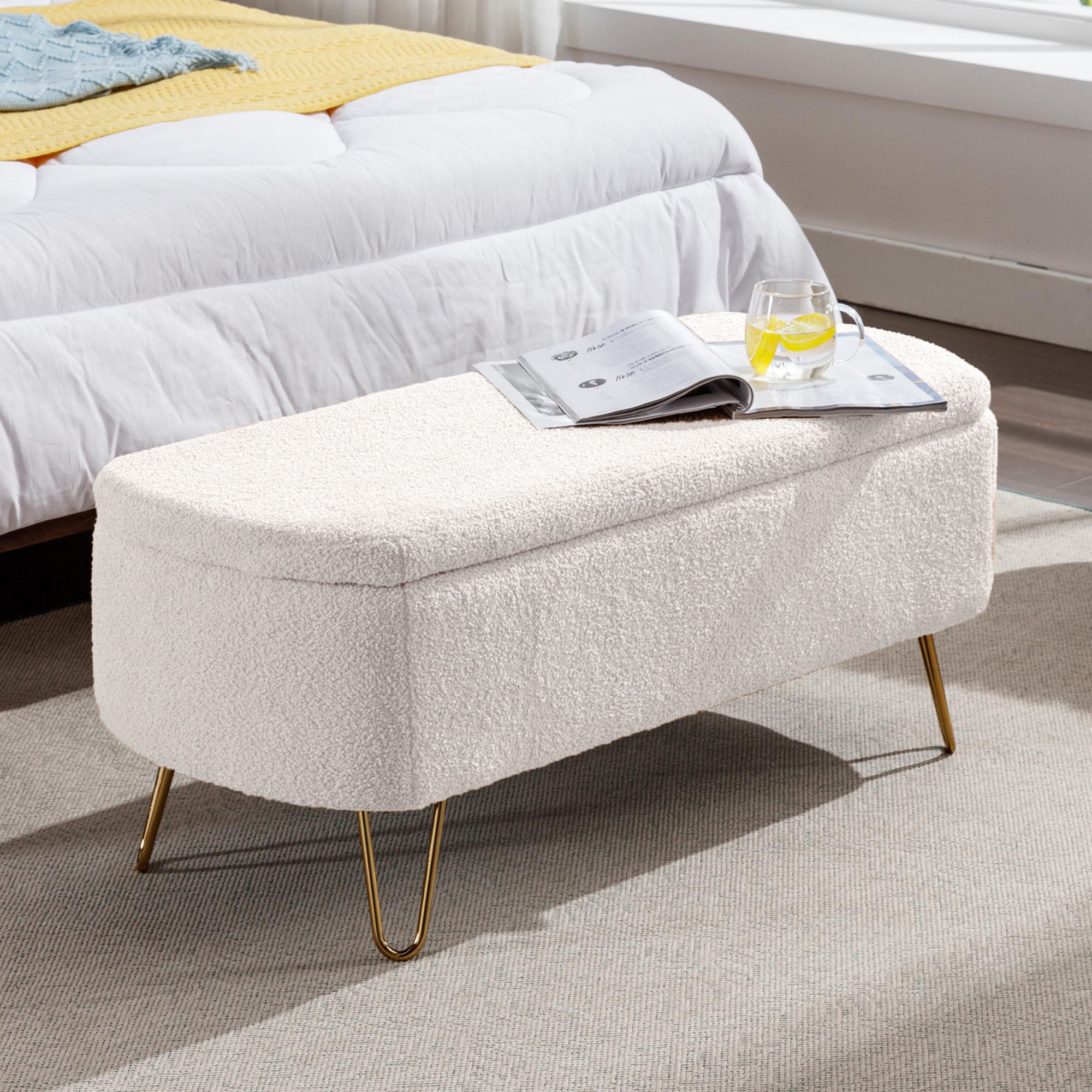 Lemacte Ivory Teddy Storage Bench Ottoman for Bedroom with Golden Metal