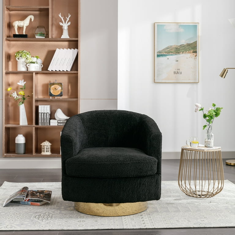 Lemacte Swivel Accent Barrel Chair With Gold Stainless Steel Base Modern 360 Swivel Chair for Living Room Bedroom Nursery Hotel Office Lounge Black