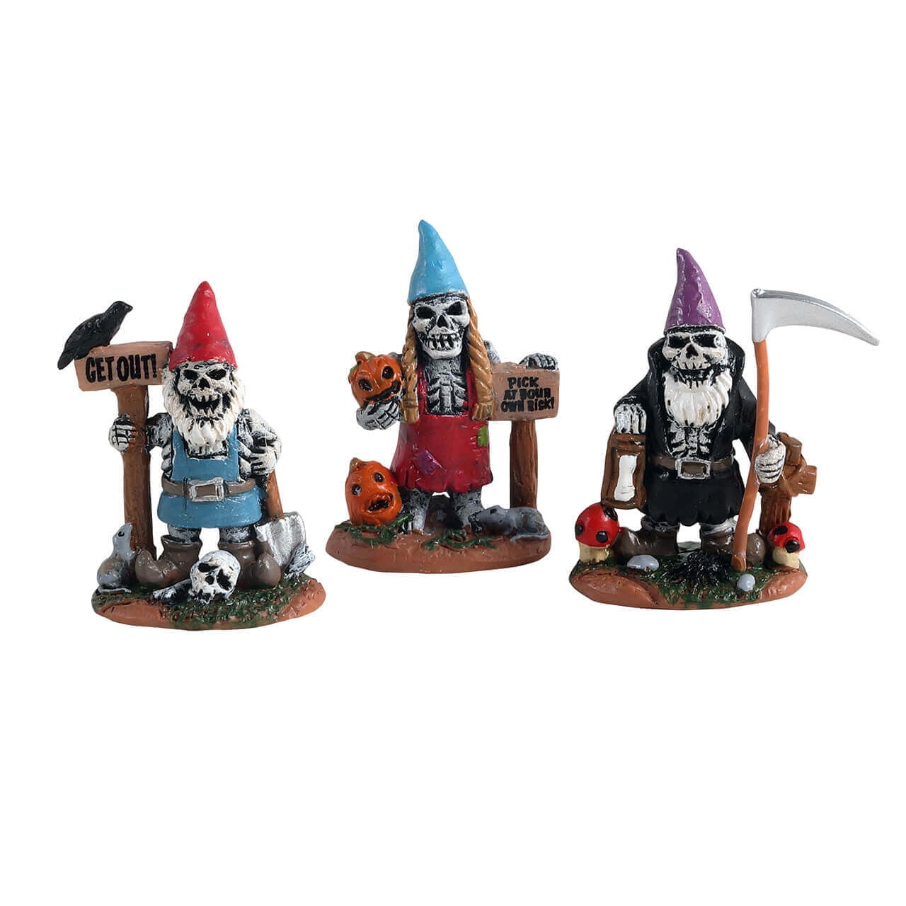 Lemax 14832 SKELETON GARDEN GNOMES Set of 3 Spooky Town Figurines Halloween Miniature Village