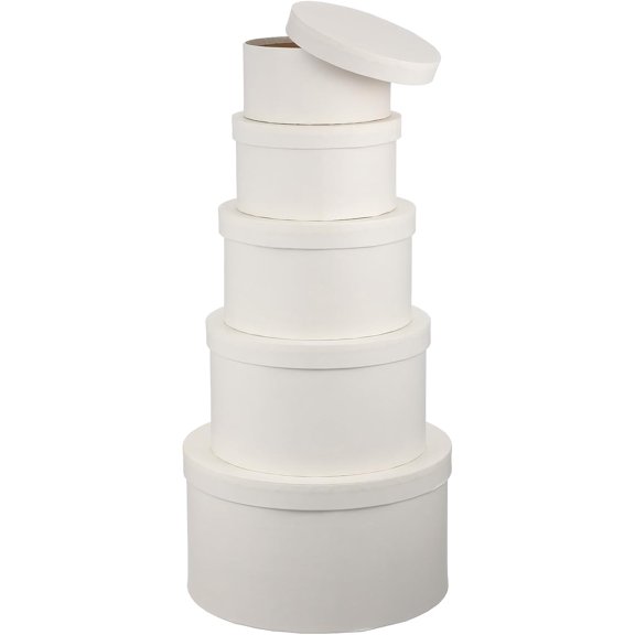 Lemecima 5Pcs White Round Gift Boxes With Lids Nesting Flower Arrangement Containers Stackable Recyclable Cardboard