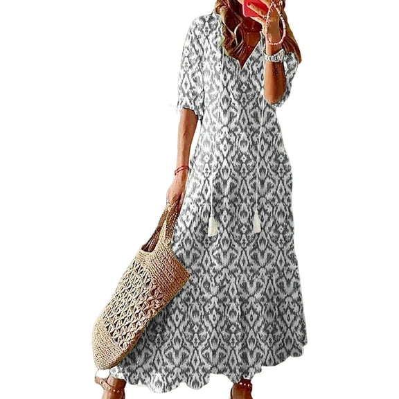 Lemento Women Maxi Dresses Summer Beach Long Dress Ladies V Neck Ethnic Print Sundress Holiday Casual Dress Light Gray 2XL