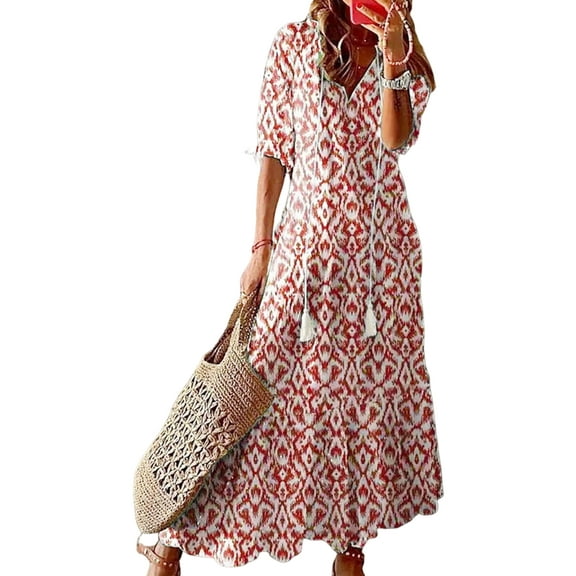 Lemento Women Maxi Dresses Summer Beach Long Dress Ladies V Neck Ethnic Print Sundress Holiday Casual Dress Red S