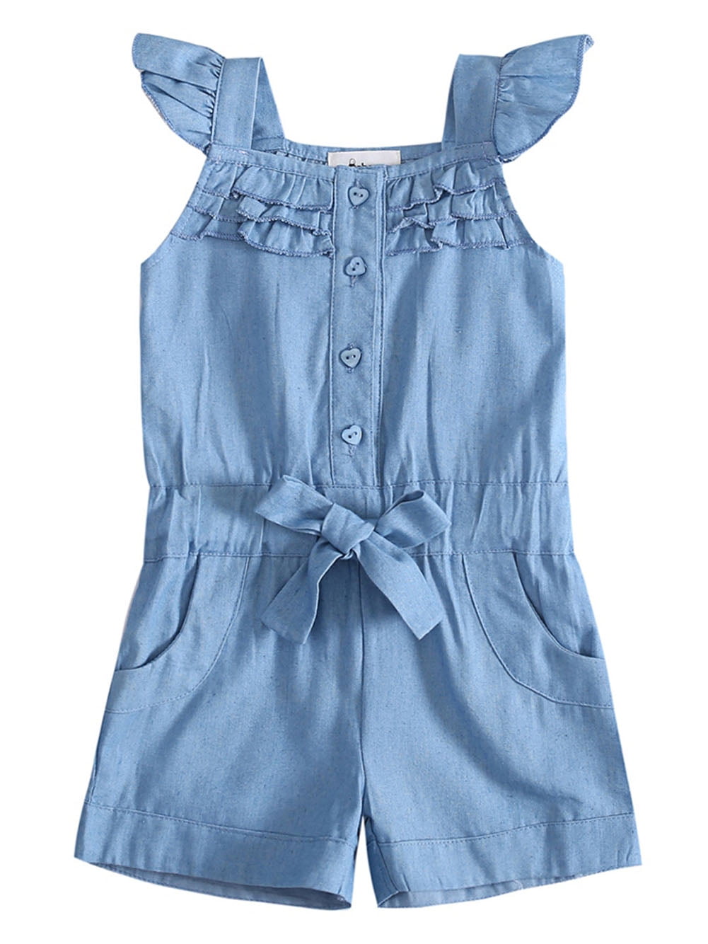 Lemetow Toddler Girls Denim Jumpsuits Flying Sleeve Sling Bow Elastic Waist Shorts Onepiece