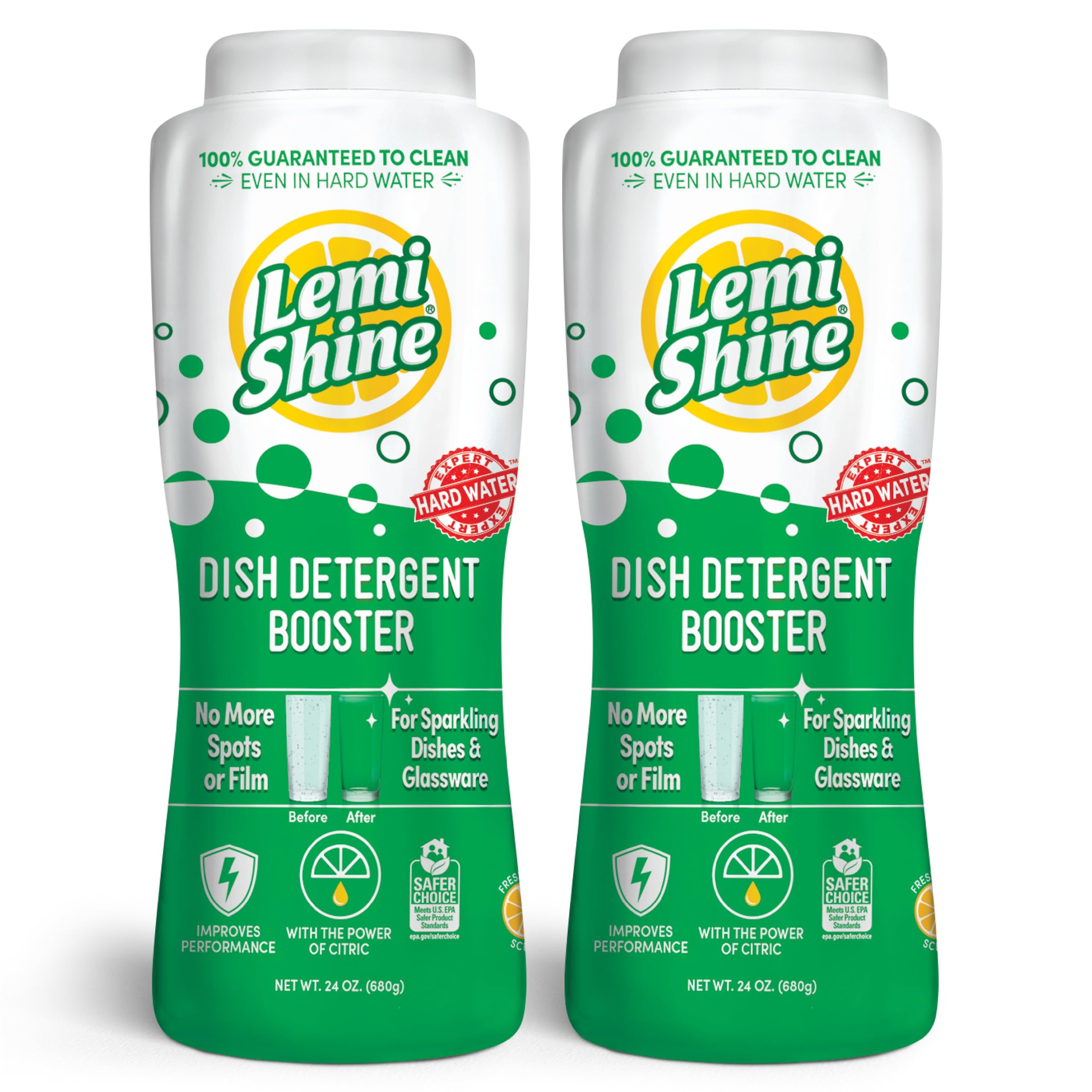 Lemi Shine Booster Natural Lemon Dishwasher Detergent Additive Hard Water Stain Remover for Dishes and Glassware 24oz - 2 Pack Bundle