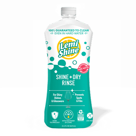 Lemi Shine Shine + Dry, Dishwasher Rinse Aid, Spotless and Streakless Shine, 21 Oz.
