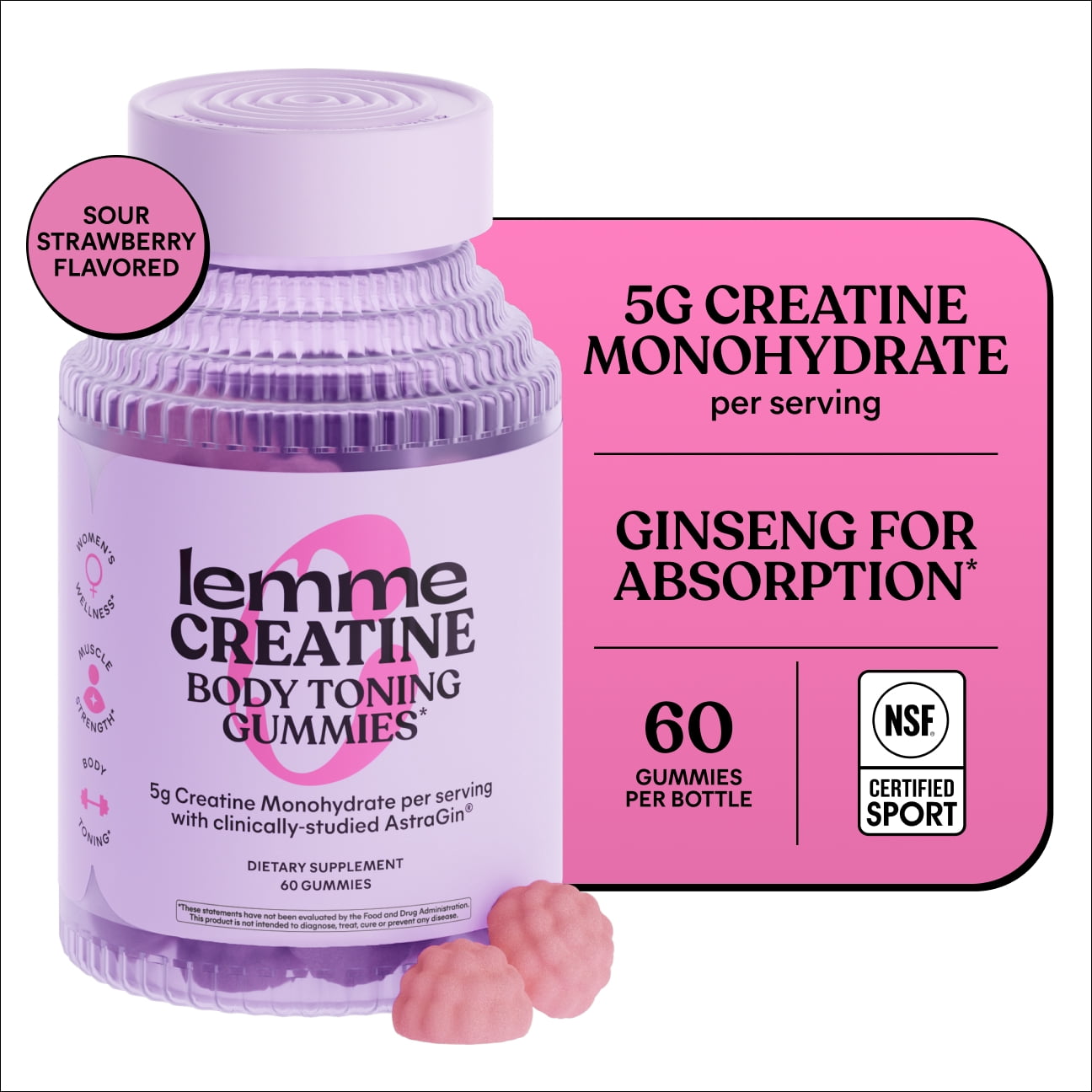 Lemme Creatine Gummies for Strength & Recovery, 5g Creatine Monohydrate, Astragin, Sour Strawberry, 60 Count