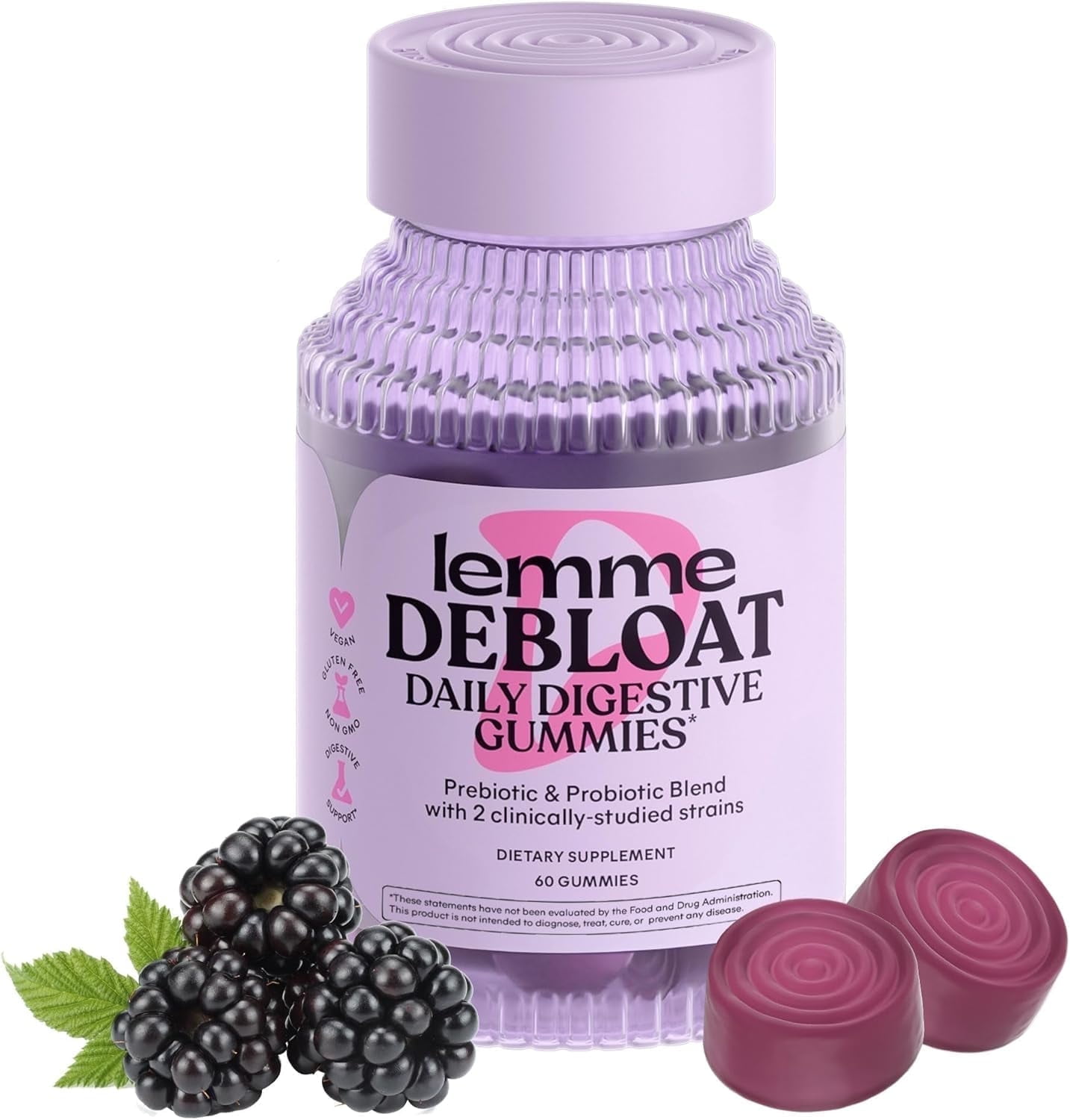Lemme Debloat - Digestive & Gut Health Gummies with 2 Clinically Studied Probiotics & Prebiotic, Vegetarian, Gluten Free, Non GMO, BlackBerry Flavor, 60 Count