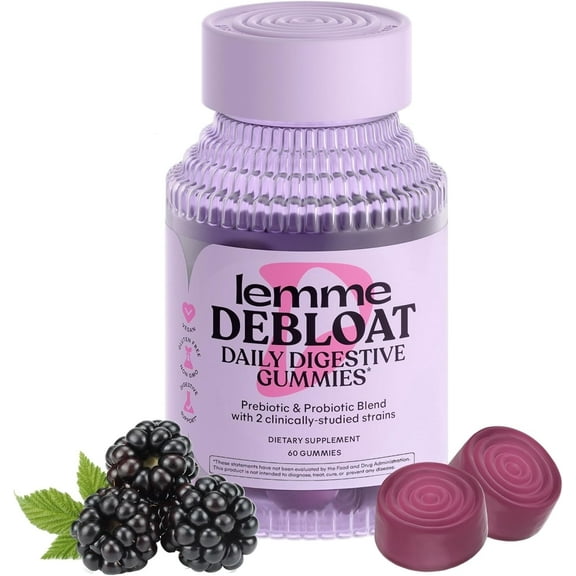 Lemme Debloat - Digestive & Gut Health Gummies with 2 Clinically Studied Probiotics & Prebiotic, Vegetarian, Gluten Free, Non GMO, BlackBerry Flavor, 60 Count