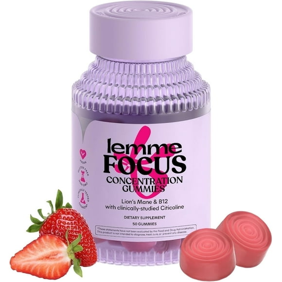 Lemme Focus Concentration & Brain Health Gummies with Cognizin Citicoline, Lion's Mane Mushroom, Vitamin B12, Caffeine Free, Strawberry - 50 Count