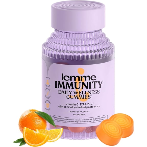 Lemme Immunity Postbiotic Gummies with Vitamin C, Vitamin D (2000 IU), Zinc, 10 Billion Postbiotic Cells, Astragalus for Immune Support - Vegetarian, Gluten Free, Sweet Orange (60 Count)