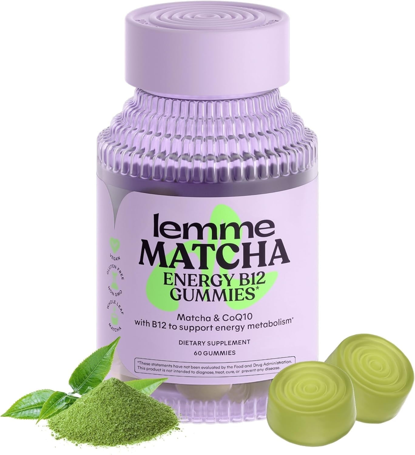 Lemme Matcha Superfood Energy Gummies with Organic Matcha Green Tea, Vitamin B12 and Antioxidant CoQ10 to Support Cellular Energy, Metabolism & Healthy Skin, 60 Count