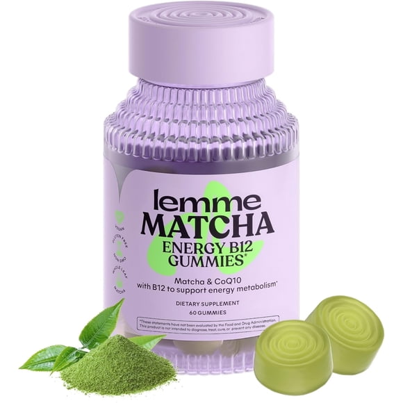 Lemme Matcha B12 Metabolism & Energy Gummies with Matcha Green Tea, B12 & CoQ10 for Cellular Energy, Metabolism & Healthy Skin, 60