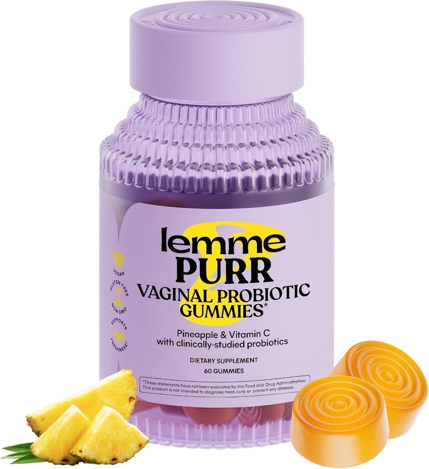 Lemme Purr Vaginal Probiotic Gummies for Women - Promotes pH Balance, Healthy Vaginal Odor & Urinary Tract Health w/Lactobacillus Blend, Pineapple & Vitamin C, 60 Count