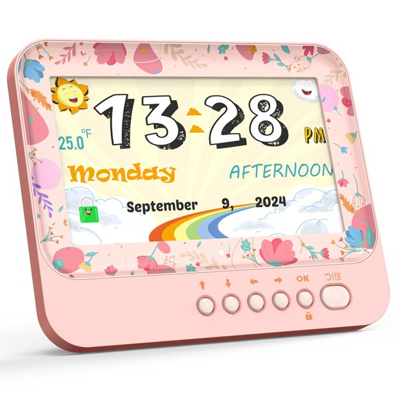 Lemnoi 7 inch Kids Alarm Clock Sleep Training Clock,Digital Clock with Stopwatch and Timer,19 Labels & 15 Alarms, Adjustable Brightness,Birthday Gift Room Decor(Pink) A101
