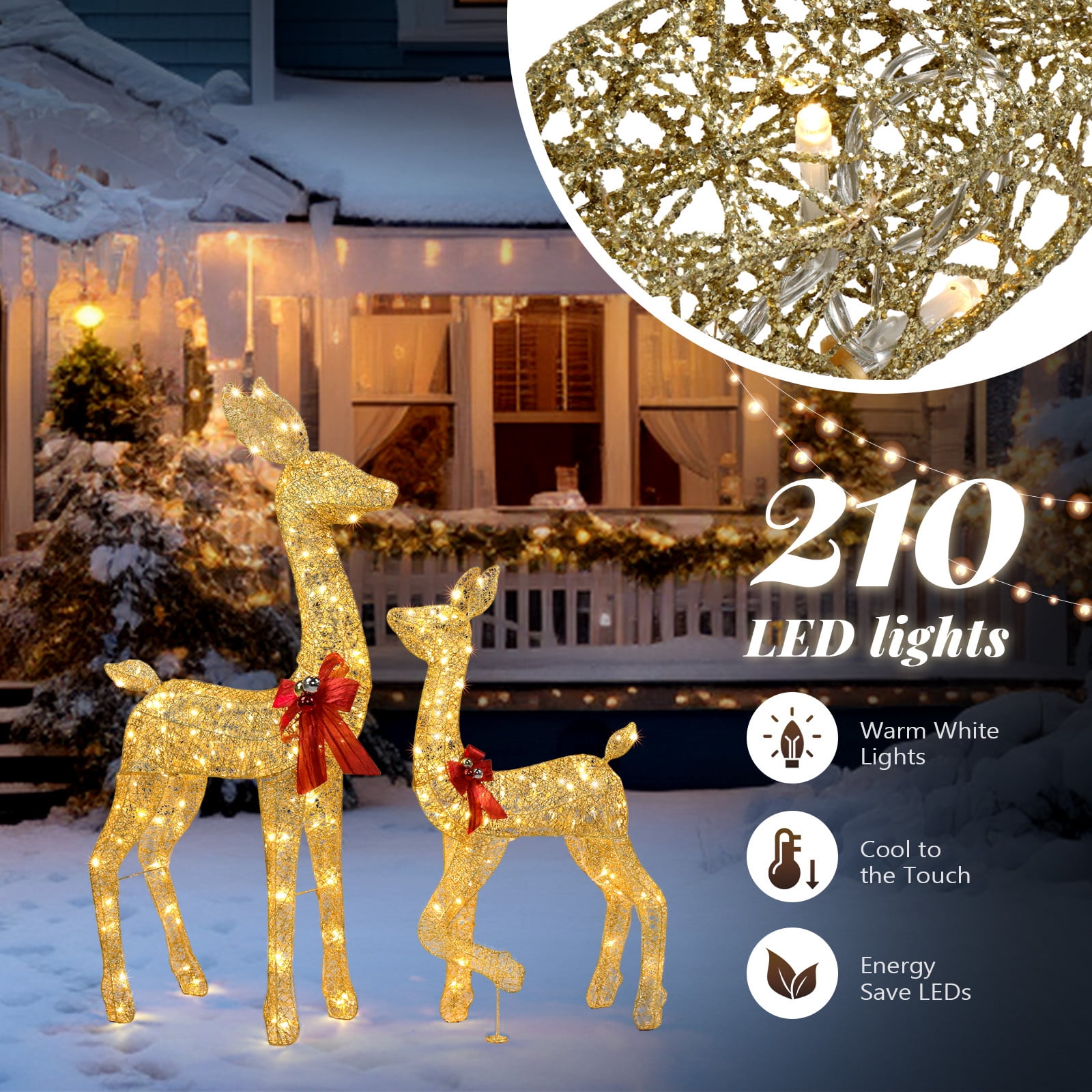 LemoHome 2Piece Lighted Christmas Deer Family, Outdoor Yard Decoration