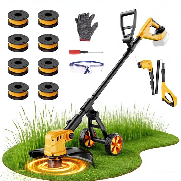 Lemolifys 12-Inch Brushless Weed Eaters with Wheels & 8Pcs Line, 21V Batterry String Trimmer for Yard Garden, W3-2