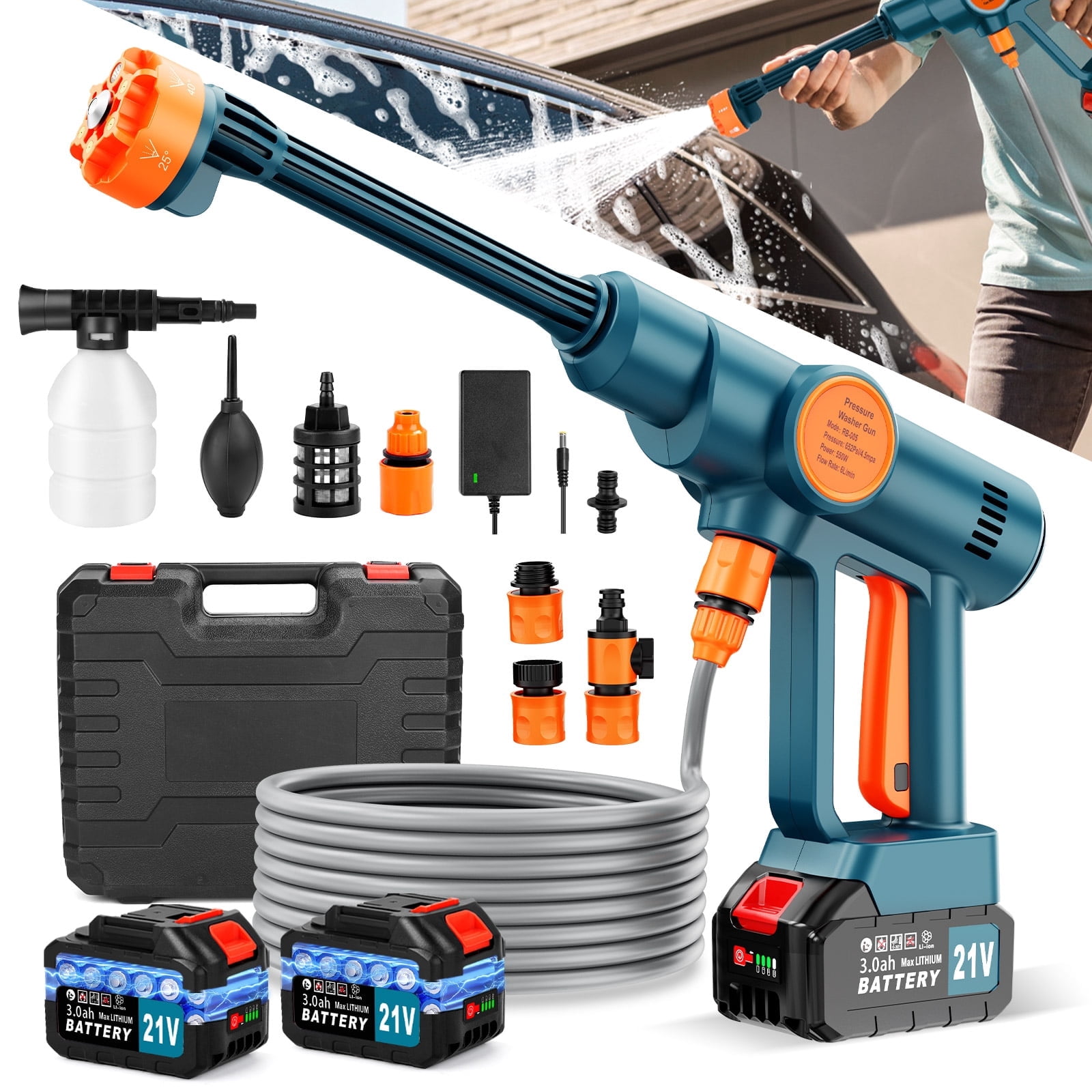 Lemolifys Cordless Pressure Washer with 2Pcs 3000mAh Battery, 6-in-1 Nozzle for Car, Patio