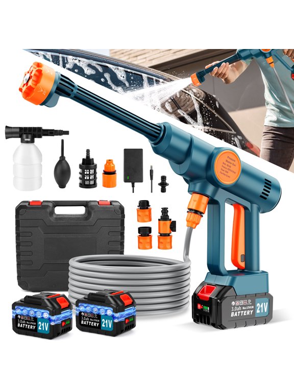 Cordless Pressure Washer with 2Pcs 3000mAh Battery, 6-in-1 Nozzle for Car, Patio