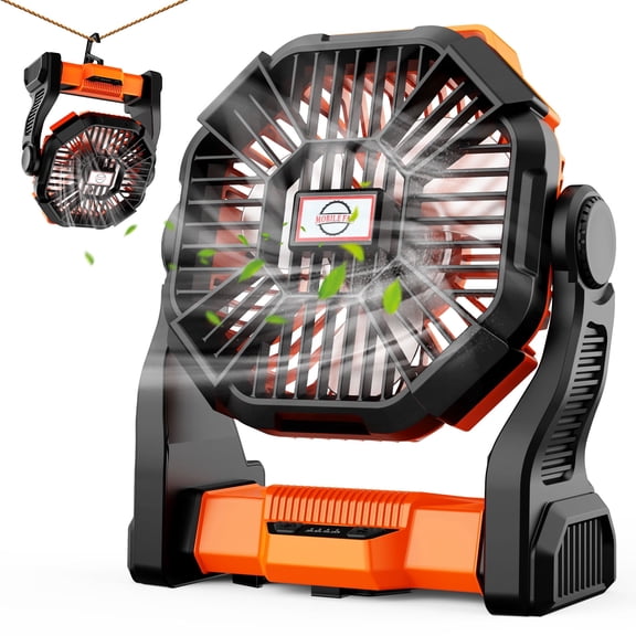 Lemolifys Camping Fan, 10000 mAh Battery Portable Outdoor Fan with LED Lantern, Personal Rechargeable Desk Fan for Travel, Hiking, Fishing, Picnic, Orange