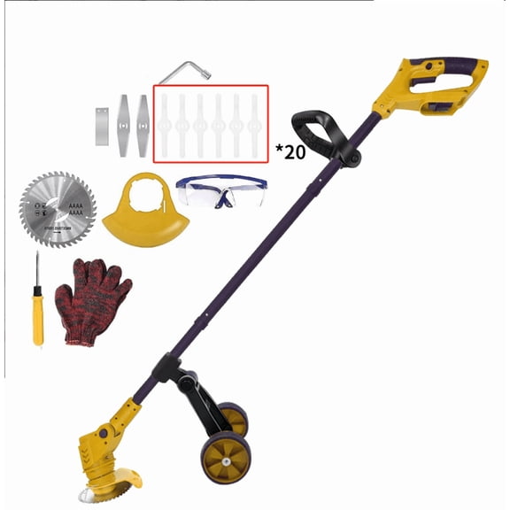 Lemolifys Electric Weed Wacker, Cordless String Trimmer with Wheels, 2Pcs 3000 mAh Batteries, 4 Types of Blades, Adjustable Length, Heavy Duty Electric lawn mower for Yard Garden, W2/Yellow