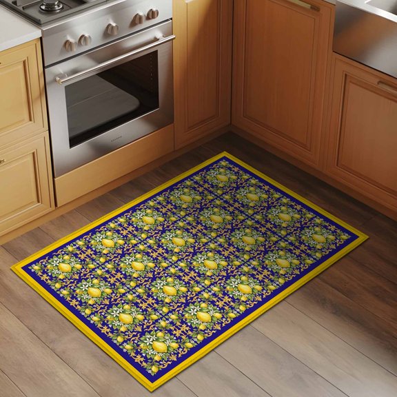 Lemon 2x3 Rug for Entryway Front Door Kitchen Sink Area, Summer Lemon Floral Wreath Plaid Dark Blue Yellow Low Pile Washable Non Slip Rectangle Area Rug