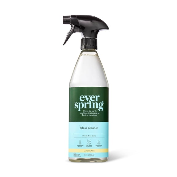 Lemon & Mint Glass Cleaner - 28 fl oz - Everspring: Liquid Spray Bottle, Windows & Mirrors