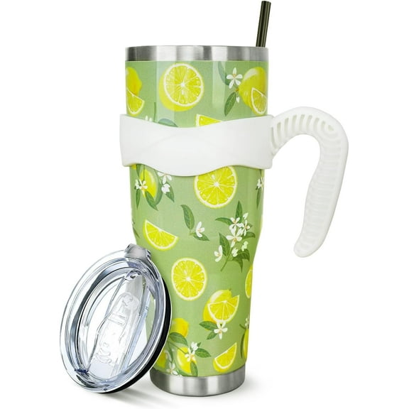 Lemon 40 Oz Tumbler with Handle and Straw, Cute Lemon Large Big Stainless Steel Vacuum Insulated Tumbler Iced Coffee Cup Water Bottle Travel Mug, Lemon Gifts for Women Decor Stuff, Sage Green Yellow