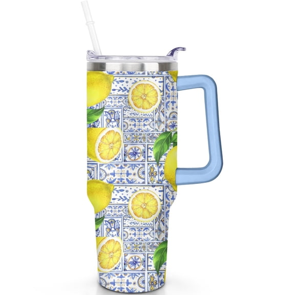 Lemon 40 oz Tumbler with Handle & Straw Lemon Theme 40oz Tumbler Spill-Proof Lid Double Insulated Travel Coffee Cup Gifts for Men Women