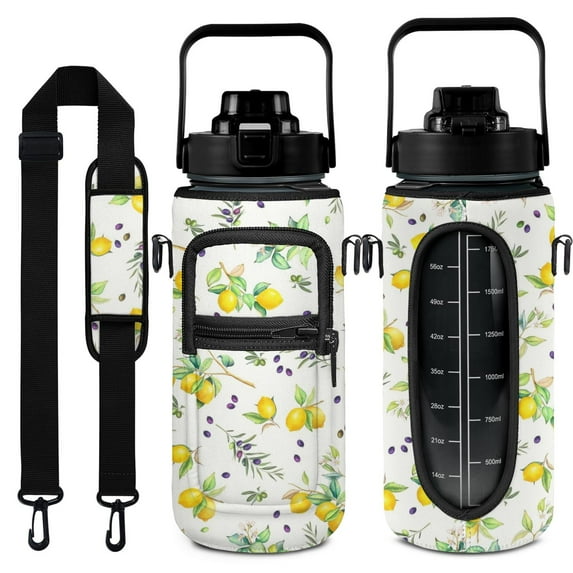 Lemon 64 Oz Half Gallon Water Bottle with Sleeve - BPA Free Leakproof Sport Large Plastic Water Bottle with Straw Strap & Insulated Neoprene Holder Carrier Bag Great Gift for Women Men