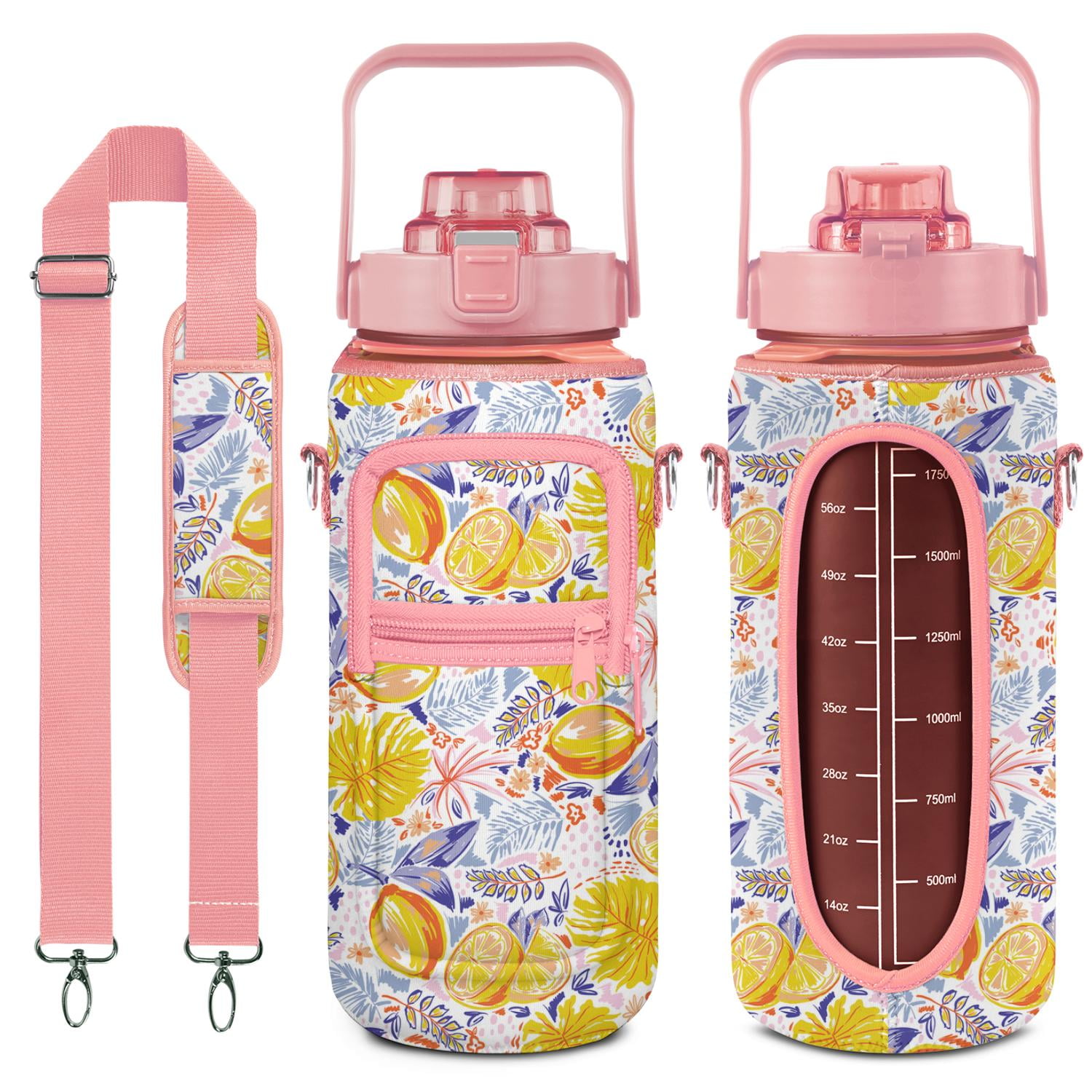 Lemon 64 Oz Water Bottle with Sleeve - BPA Free Leakproof Sport Large Plastic Water Bottle with Straw Strap & Insulated Neoprene Holder Carrier Bag Great Gift for Women Men