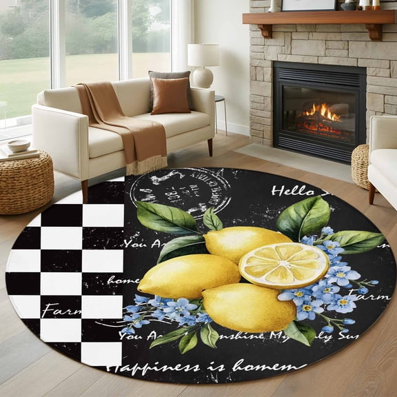 Lemon 8' Round Area Rug, Spring Summer Black White Checkered Plaid Washable Non-Slip Large Circle Rugs for Living Room Bedroom, Soft Low Pile Rug Carpet for Dining Room Kitchen Farmhouse