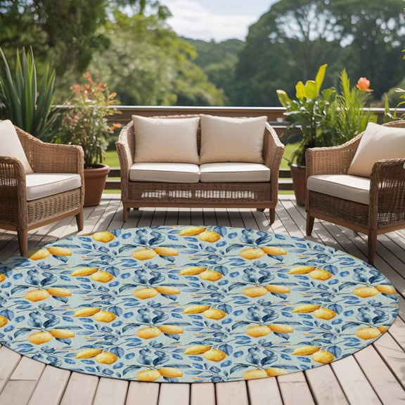 Lemon 8ft Round Rug for Open Concept Living Room Seating Zone, Country Watercolor Yellow Lemon Fruit Blue Leaf Plant Blue Linen Texture Washable Non Slip Large Circle Area Rug