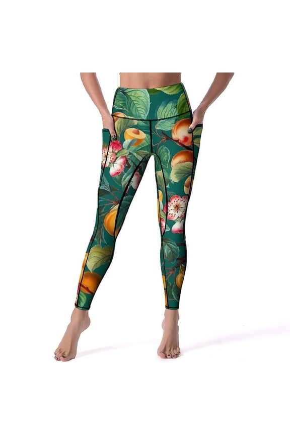 Lemon And Floral Leggings Fruit Print Gym Yoga Pants Push Up Vintage Sport Pants Pockets Elastic Design Yoga Legging