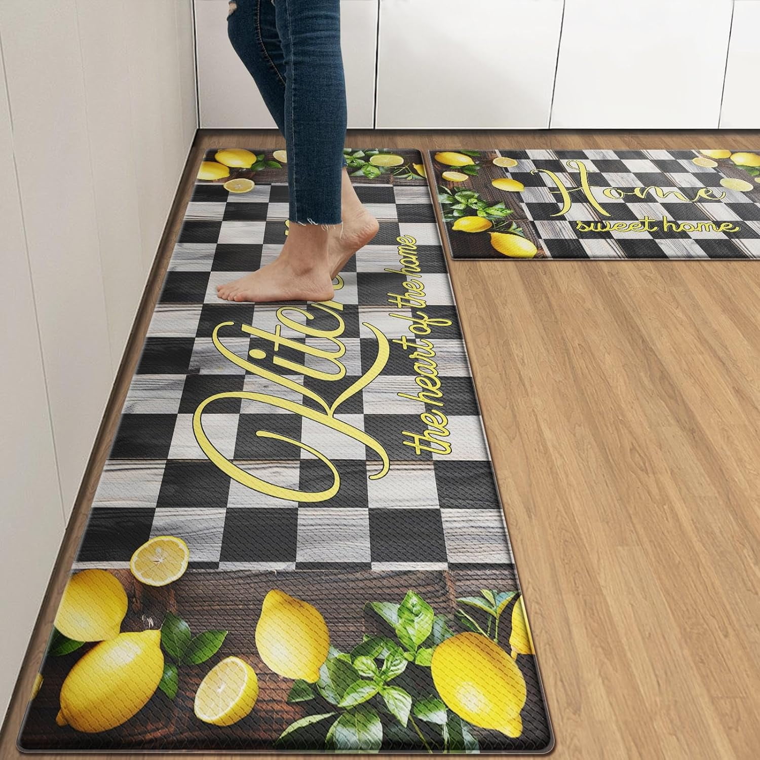 Kitchen Mat Rag Lemon Anti-Fatigue Kitchen Rug Set of 2 White Black Checkered Farmhouse ...