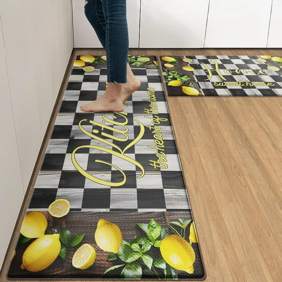 Lemon Anti-Fatigue Kitchen Rug Set of 2 White Black Checkered Farmhouse Vintage Cushioned Kitchen Floor Standing Mat Waterproof Non-Slip Kitchen Mat and Rugs PVC Ergonomic Comfort Foam Rug