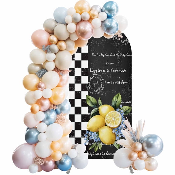Lemon Arch Backdrop Cover, Spandex Fitted Wedding Arch Cover, Spring Summer Black White Checkered Plaid Round Top Stand Covers for Birthday Ceremony Bridal Shower Party Decor 5x2.1 Ft