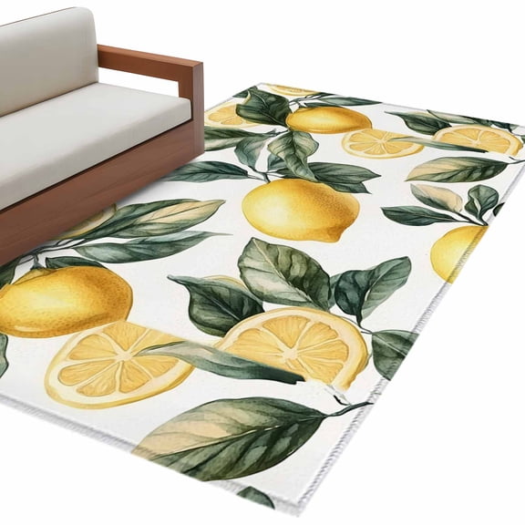 Lemon Area Rug 3x5 FT, Non Slip Entryway Bedside Carpet, Summer Yellow Fruit Country Spring Leaf Plant Washable Soft Floor Carpet Indoor Mat Non-Shedding Throw Rug for Dorm Kitchen Home Office