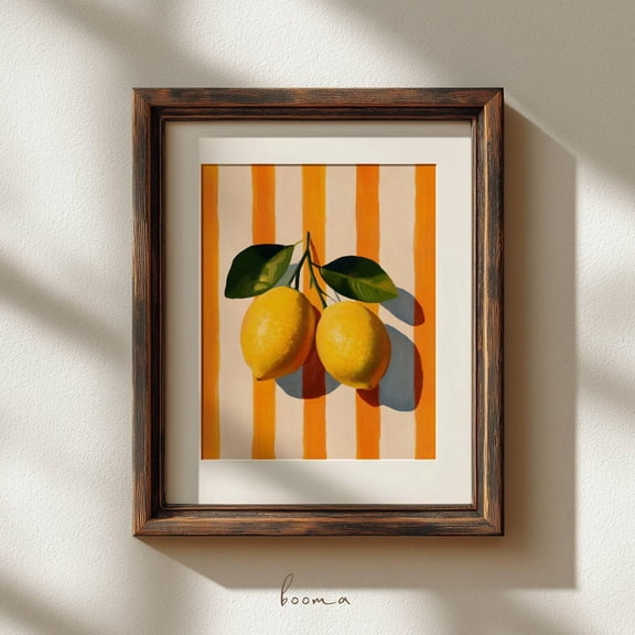 Lemon Art Cute Lemons and Stripes Illustration Bright Fruit Modern Kitchen Decor, Unframed Paper Poster 8x10in