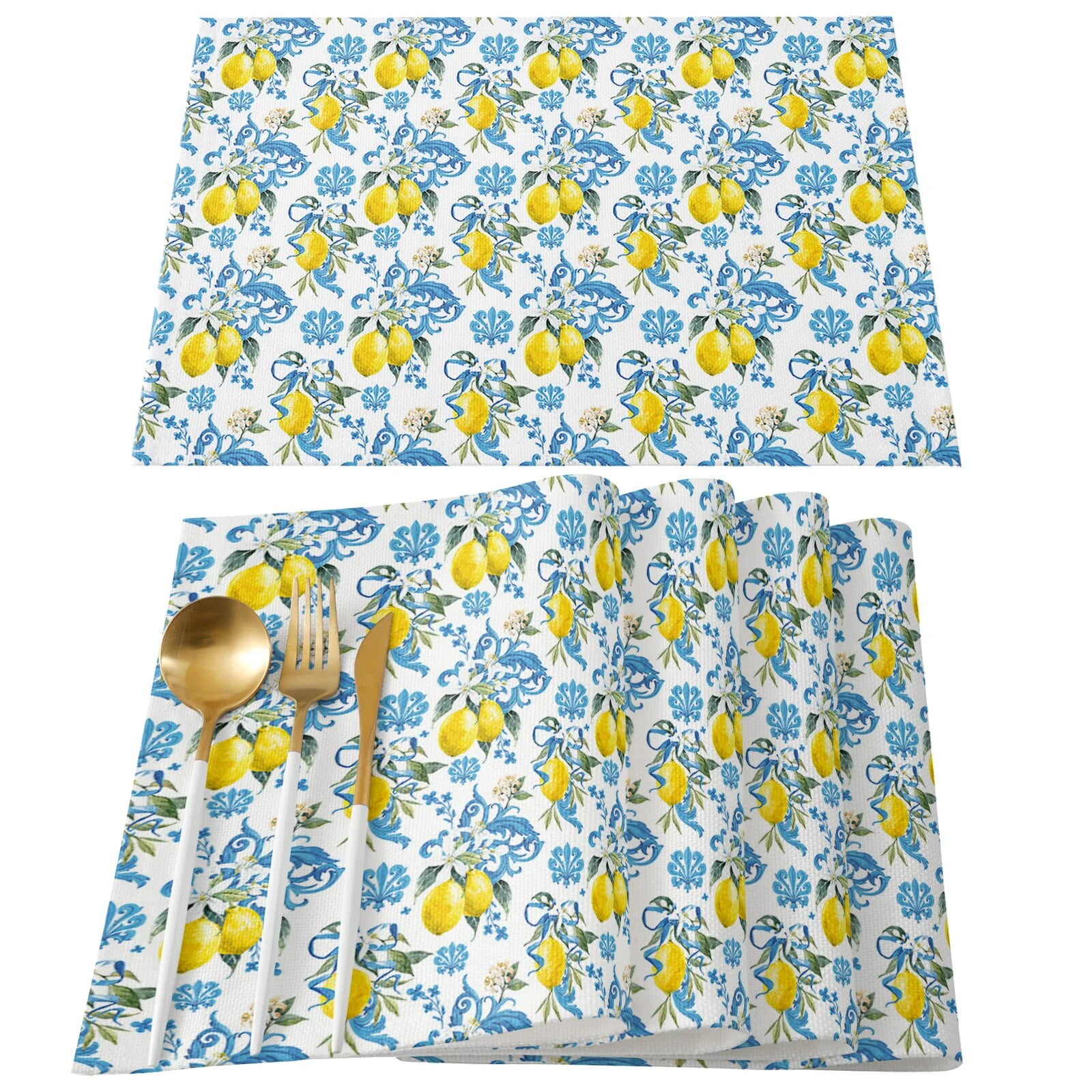 Lemon Baroque Flower Blue White Placemat Wedding Party Dining Decor