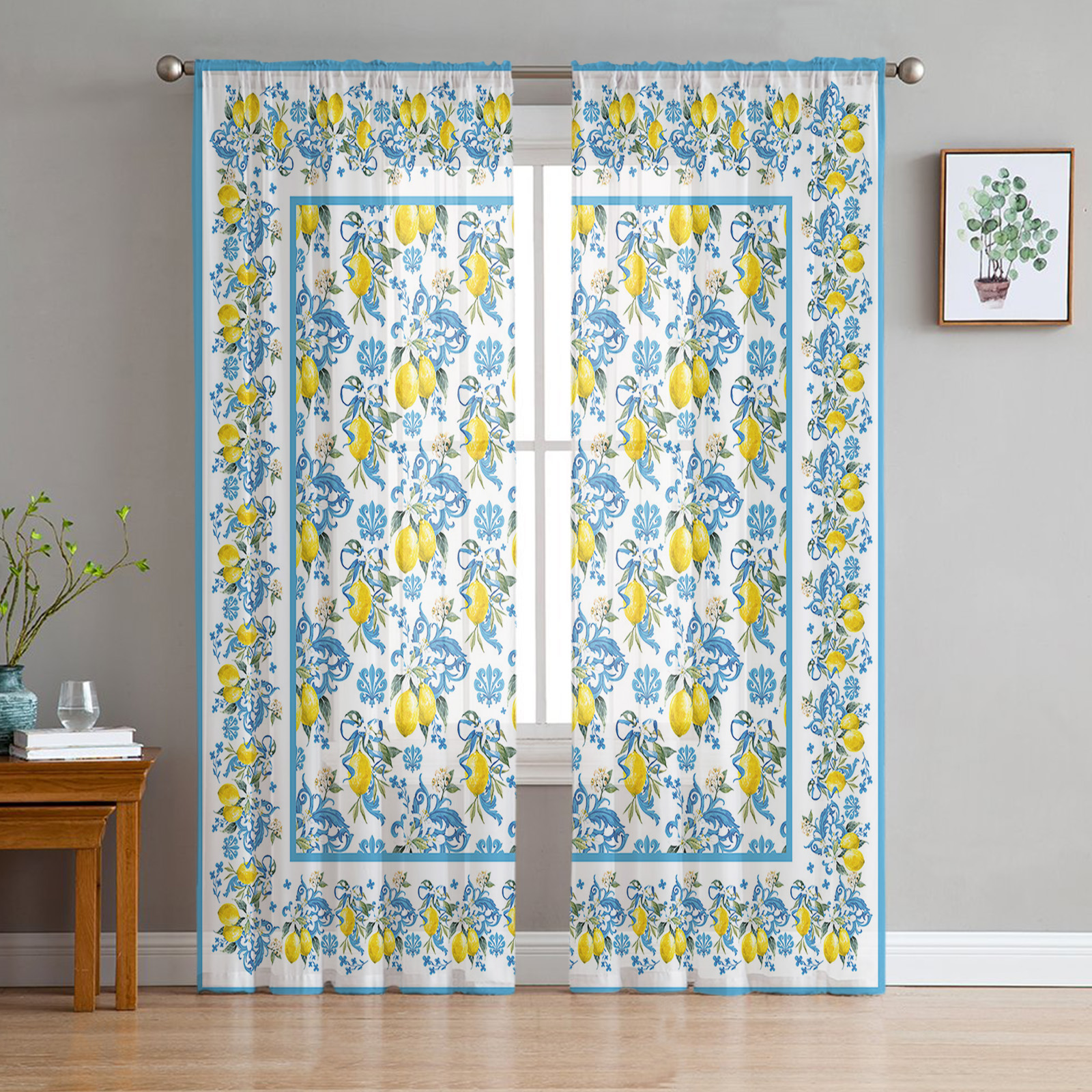 Lemon Baroque Flower Blue White Tulle Curtains For Living Room Kitchen ...