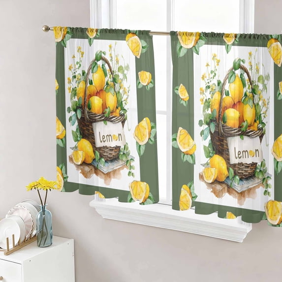 Lemon Basket Summer Sheer Curtains 45 Inch Length 2 Panels Set, Farmhouse Green Lace Eucalyptus Voile Window Treatment Rod Pocket Small Kitchen Curtains Drapes for Bedroom 52"x45"x2