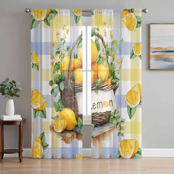 Lemon Basket Summer Sheer Curtains 84 Inch Length 2 Panels Set, Eucalyptus Blue Yellow Plaid Voile Window Treatment Rod Pocket Curtains Sheers Drapes for Bedroom/Living Room/Kitchen 52"x84"x2