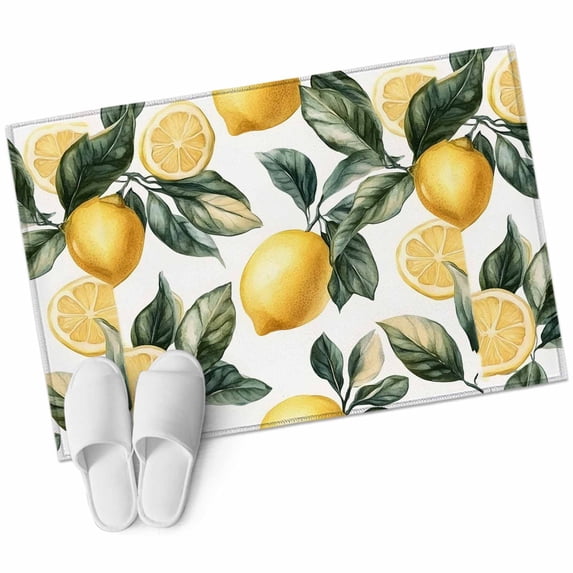 Lemon Bathroom Mat 2x3 FT, Non Slip Small Kitchen Mat, Summer Yellow Fruit Country Spring Leaf Plant Washable Soft Backed Front Door Throw Rug Non-Shedding Indoor Outdoor Doormat for Entryway Sink