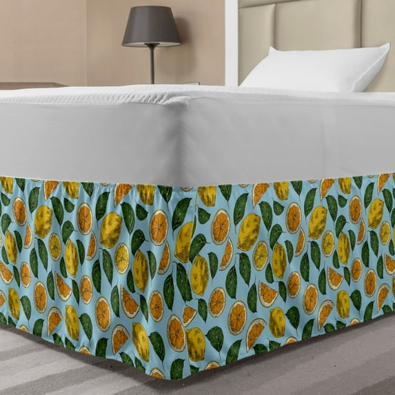 Lemon Bed Skirt, Digitally Generated Sour Fruit and Leaves, Elastic Bedskirt Dust Ruffle Wrap Around for Bedding Decor, 4 Sizes, Pale Blue Multicolor, by Ambesonne