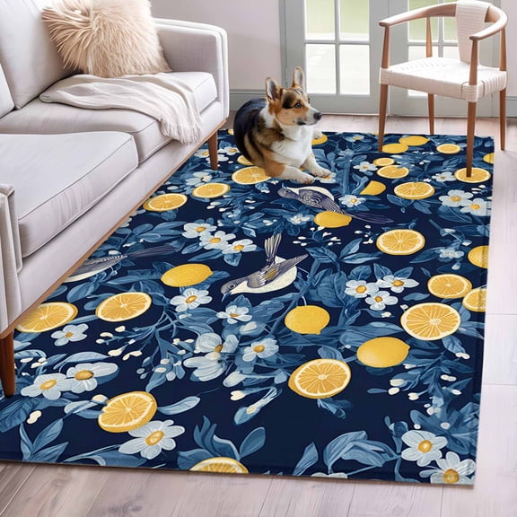 Lemon Bird Area Rug 3x5 Washable Rug Non Slip Blue Yellow Pastoral Flowers Plant Summer Large Area Rug Indoor Floor Carpet for Entryway Bedroom Kitchen Living Room Home Office Dining Room Nursery