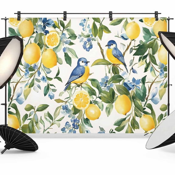 Lemon Bird Backdrop for Photography, Fruit Leaves Branch Vintage Watercolor Photo Backdrop Portrait Background Party Banner Photo Backgrounds for Studio Booth Props, 7x5ft