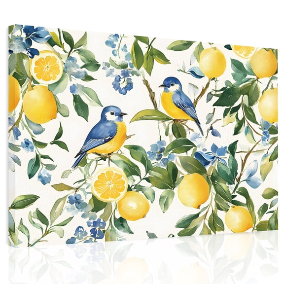 Lemon Bird Canvas Print Wall Art, Fruit Leaves Branch Vintage Watercolor Wall Decor Modern Artwork Paintings Pictures for Living Room Framed and Stretched Ready to Hang, 24" x 32"