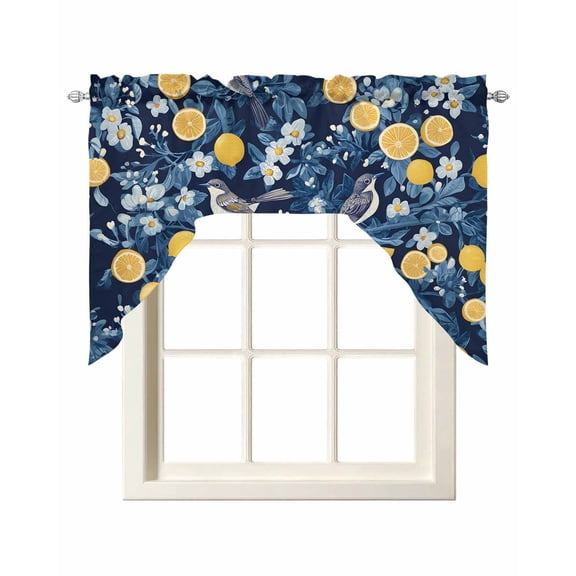Lemon Bird Kitchen Curtains Swag Valance for Windows/Bathroom/Cafe, Blue Yellow Pastoral Flowers Plant Summer Rod Pocket Drape Panel Swag Curtain Valance for Bedroom/Living Room 55''x36''