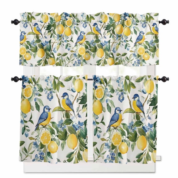 Lemon Bird Kitchen Curtains Valances and Tiers Set of 3, 36 Inch Length Tier Curtains and Valance Rod Pocket Valance Curtains Set for Kitchen Bathroom Small Windows