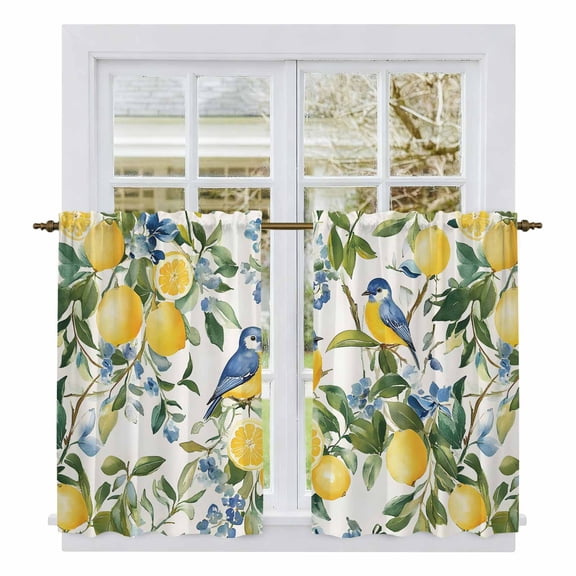 Lemon Bird Kitchen Curtains, Watercolor Yellow Green Foliage Flower Leaf Light Filtering Window Curtain Panels, 2Pcs Rod Pocket Window Treatments Set for Cabin Bathroom Bedroom 52x45 Inches